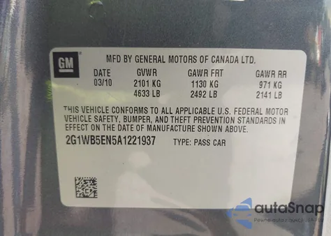 2010 Chevrolet Impala Lt z USA, uszkodzony, nr VIN 2G1WB5EN5A1221937